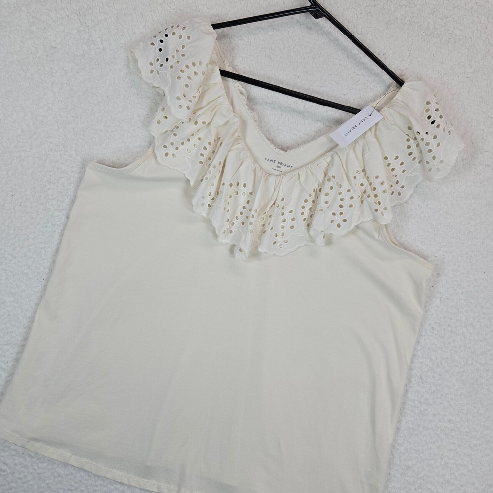 Lane Bryant Womens Eyelet Ruffle Tank Top 18/20 Cream Lace V-Neck Boho New‎ Plus